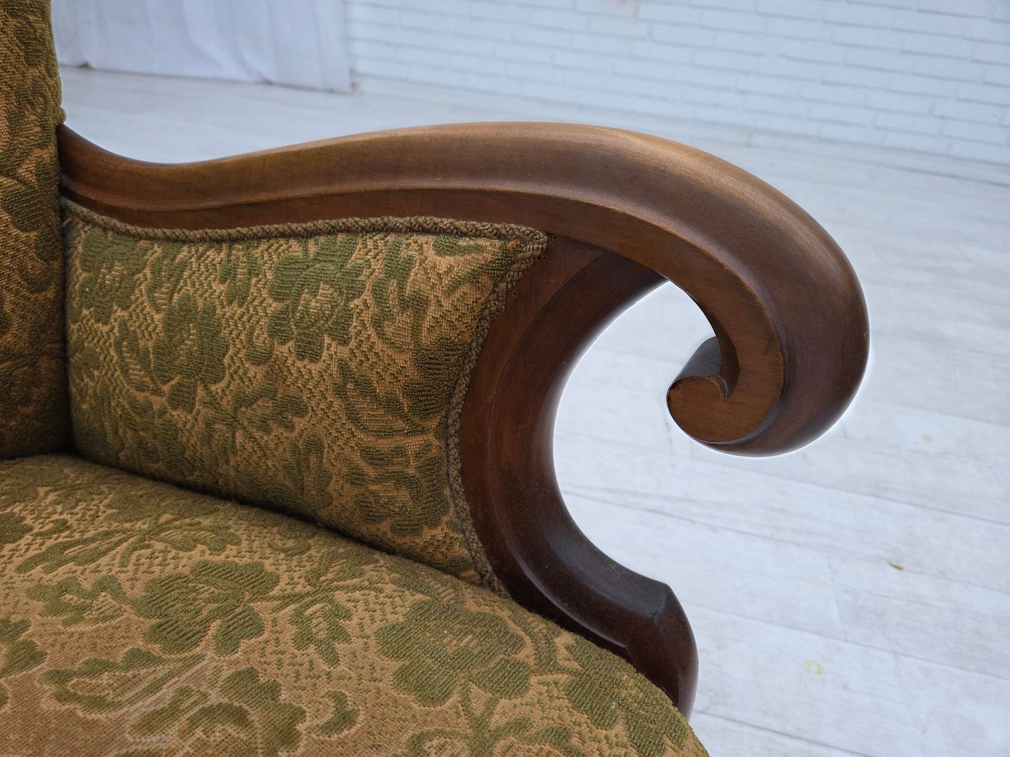 1950s, Danish armchair, furniture wool, hand carved oak wood.