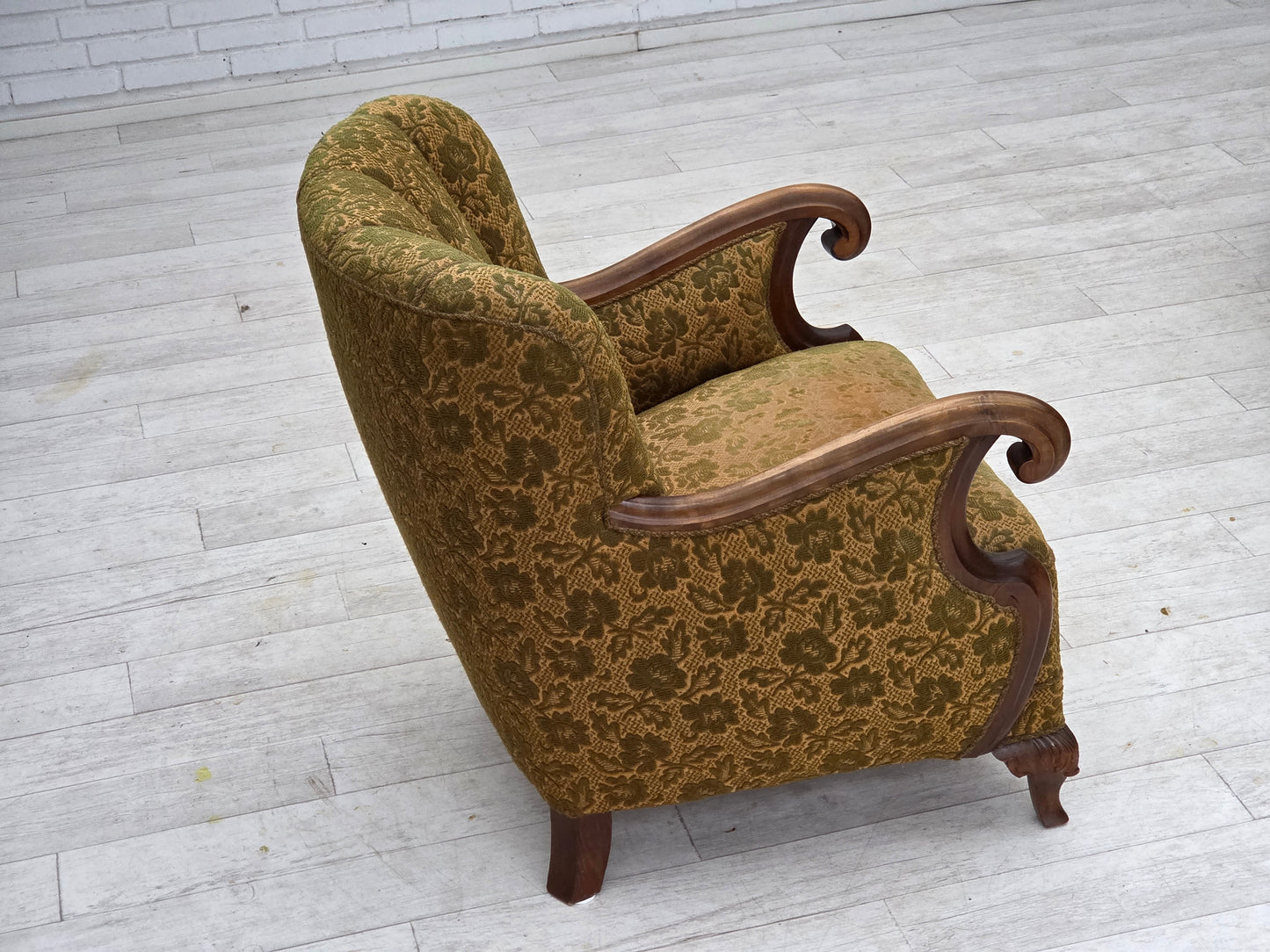 1950s, Danish armchair, furniture wool, hand carved oak wood.
