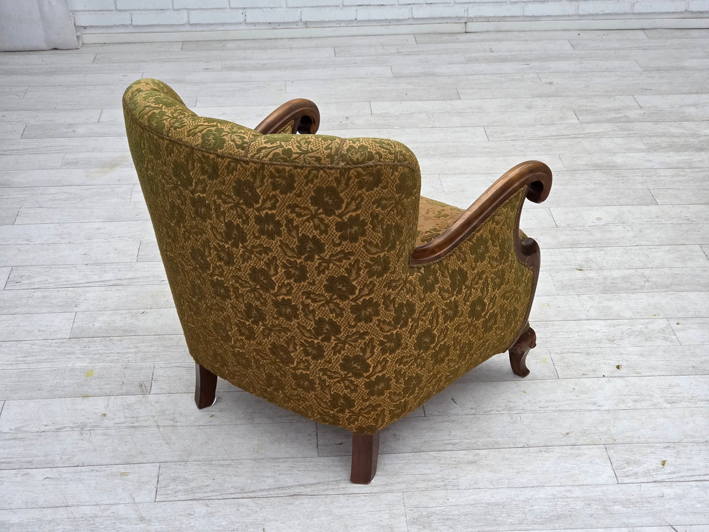 1950s, Danish armchair, furniture wool, hand carved oak wood.