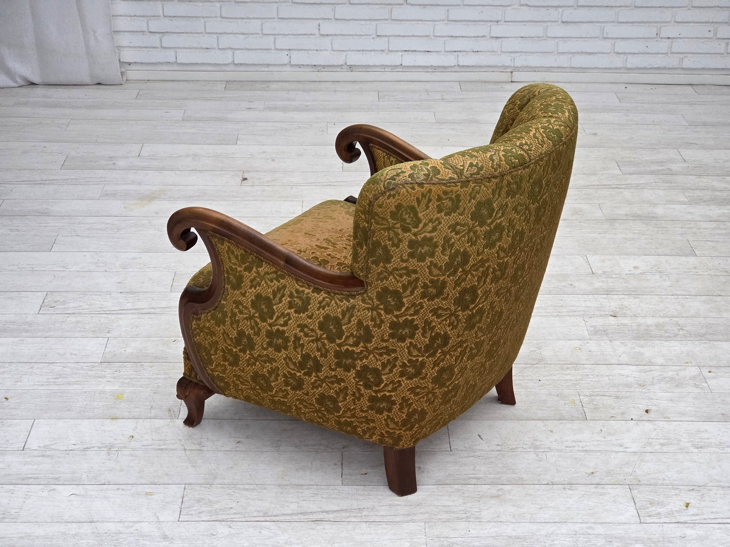 1950s, Danish armchair, furniture wool, hand carved oak wood.