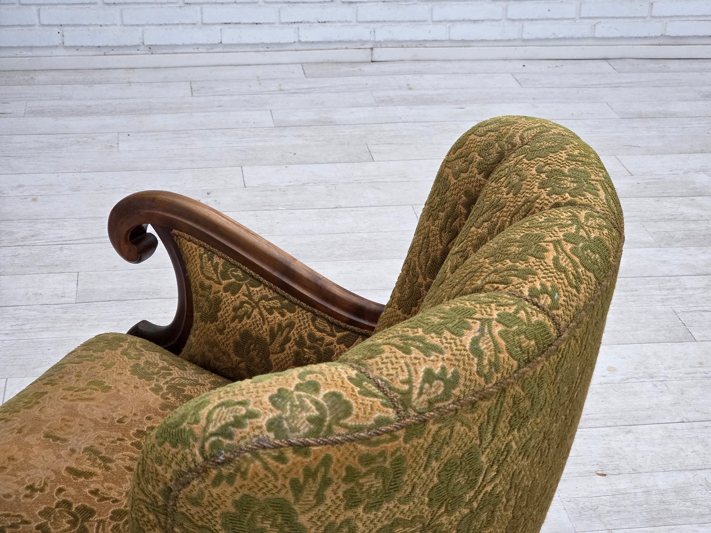 1950s, Danish armchair, furniture wool, hand carved oak wood.