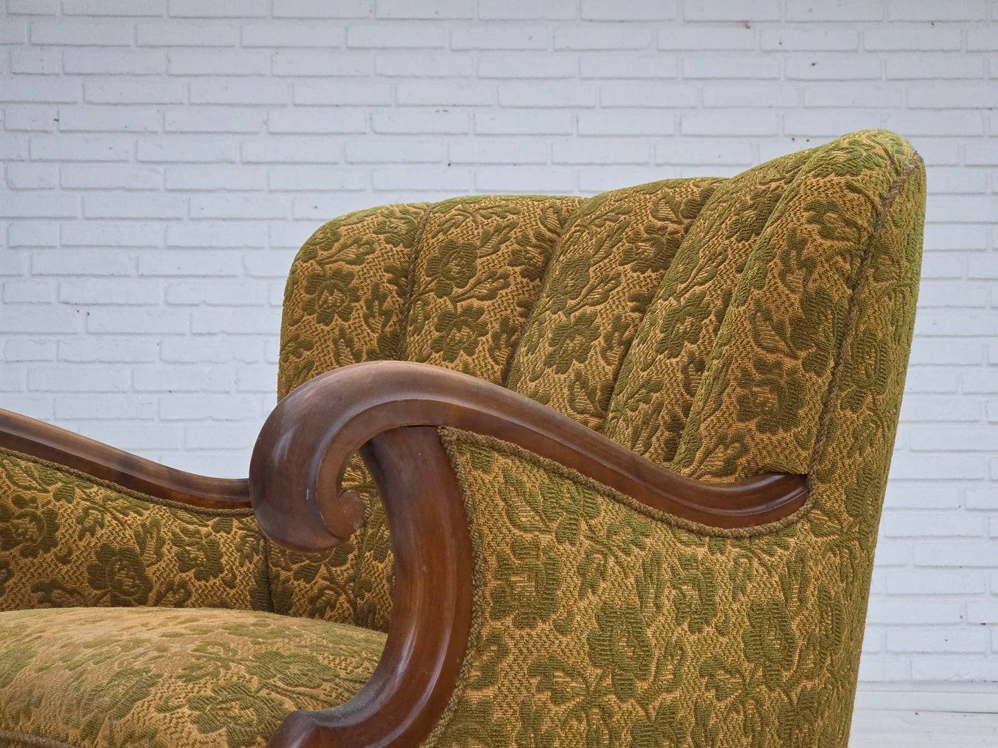 1950s, Danish armchair, furniture wool, hand carved oak wood.