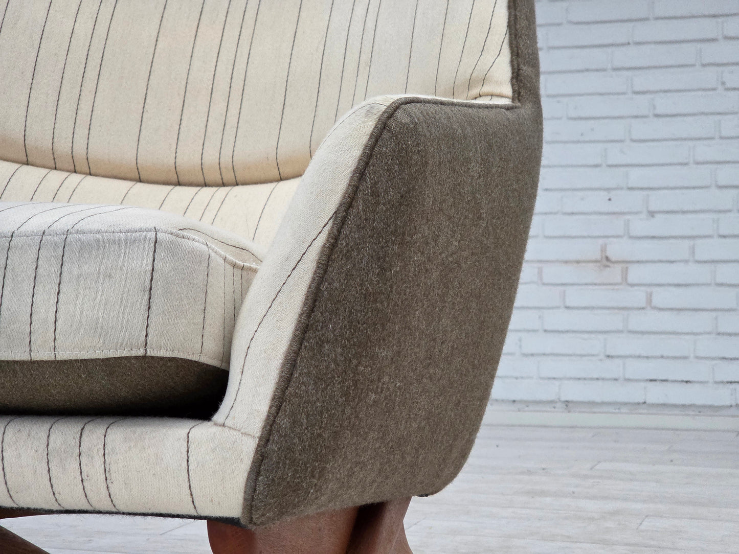 1970s, Danish design by Illum Wikkelsø, furniture wool fabric, oak wood legs.