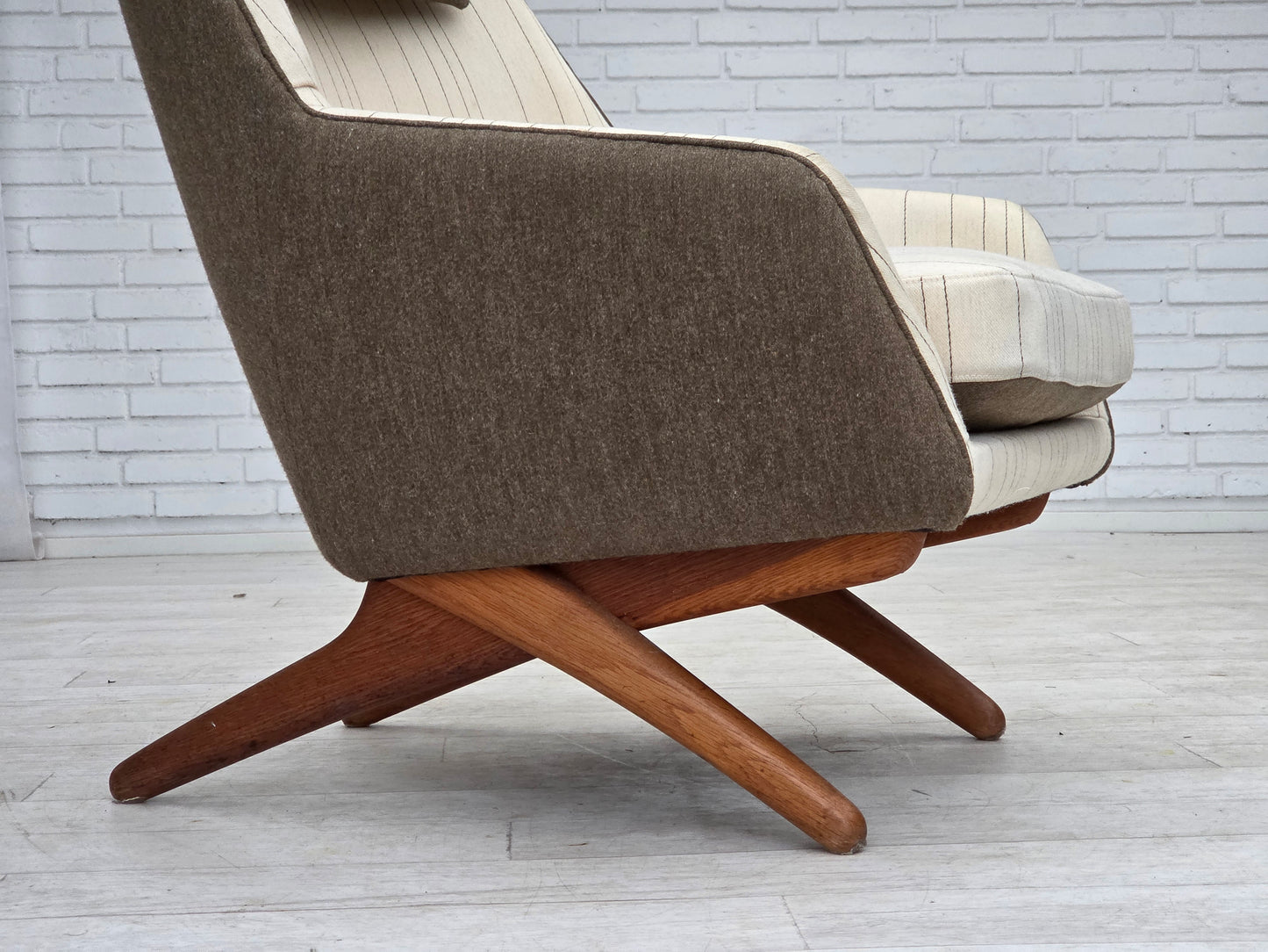 1970s, Danish design by Illum Wikkelsø, furniture wool fabric, oak wood legs.