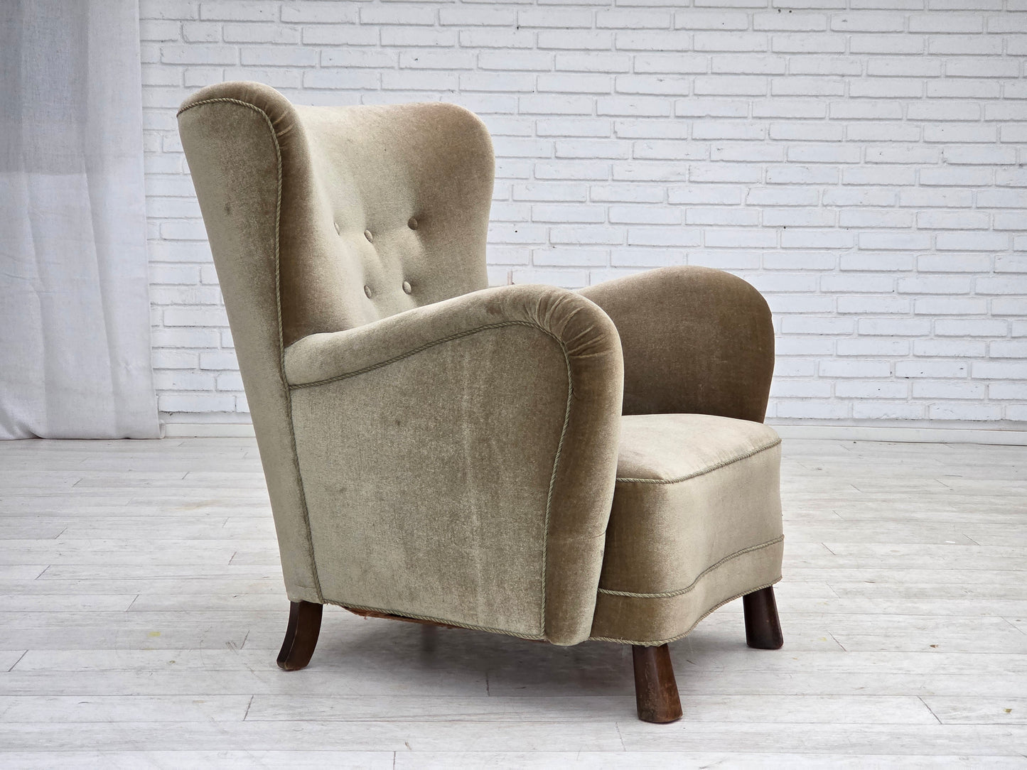 1960s, Danish armchair, green furniture velour, oak wood legs.