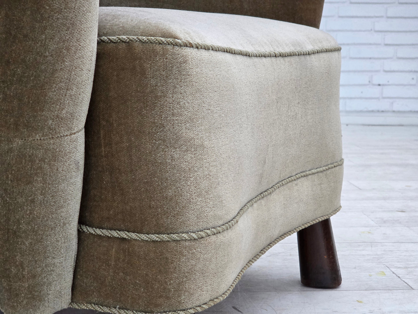 1960s, Danish armchair, green furniture velour, oak wood legs.