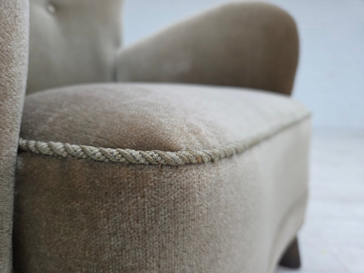 1960s, Danish armchair, green furniture velour, oak wood legs.