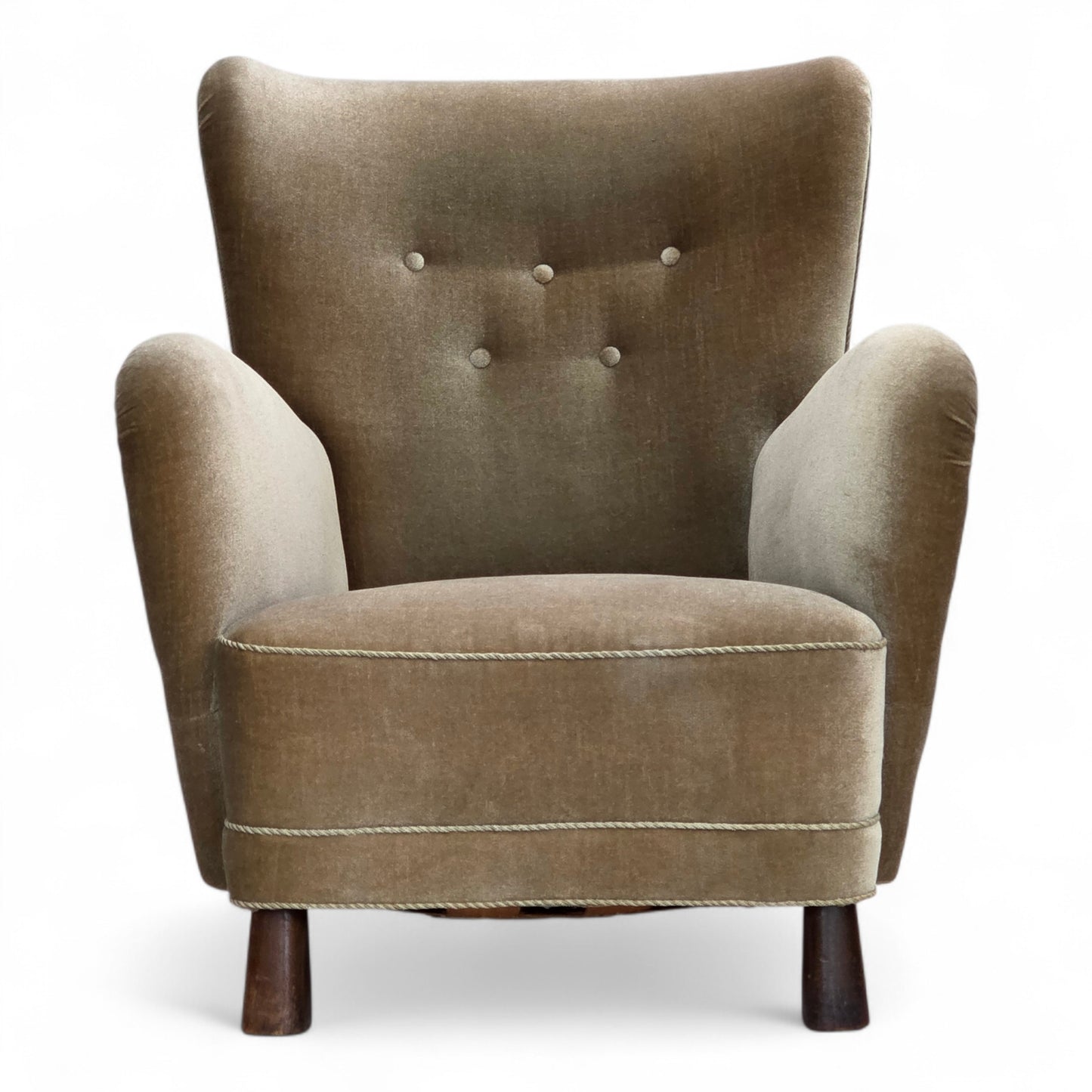 1960s, Danish armchair, green furniture velour, oak wood legs.