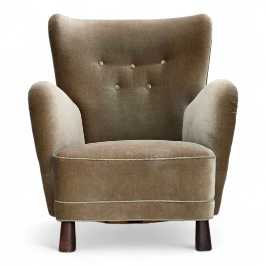 1960s, Danish armchair, green furniture velour, oak wood legs.