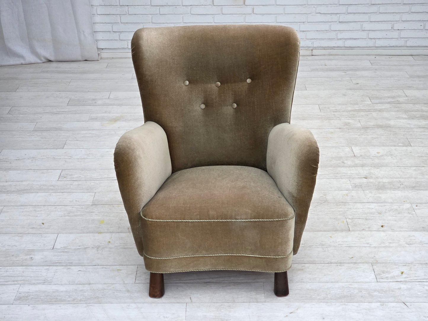 1960s, Danish armchair, green furniture velour, oak wood legs.