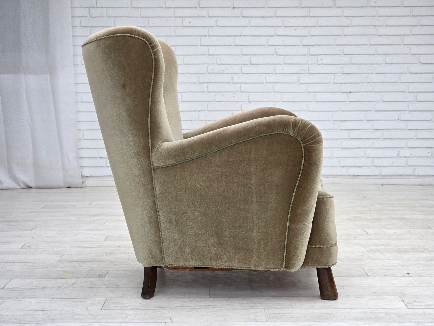1960s, Danish armchair, green furniture velour, oak wood legs.