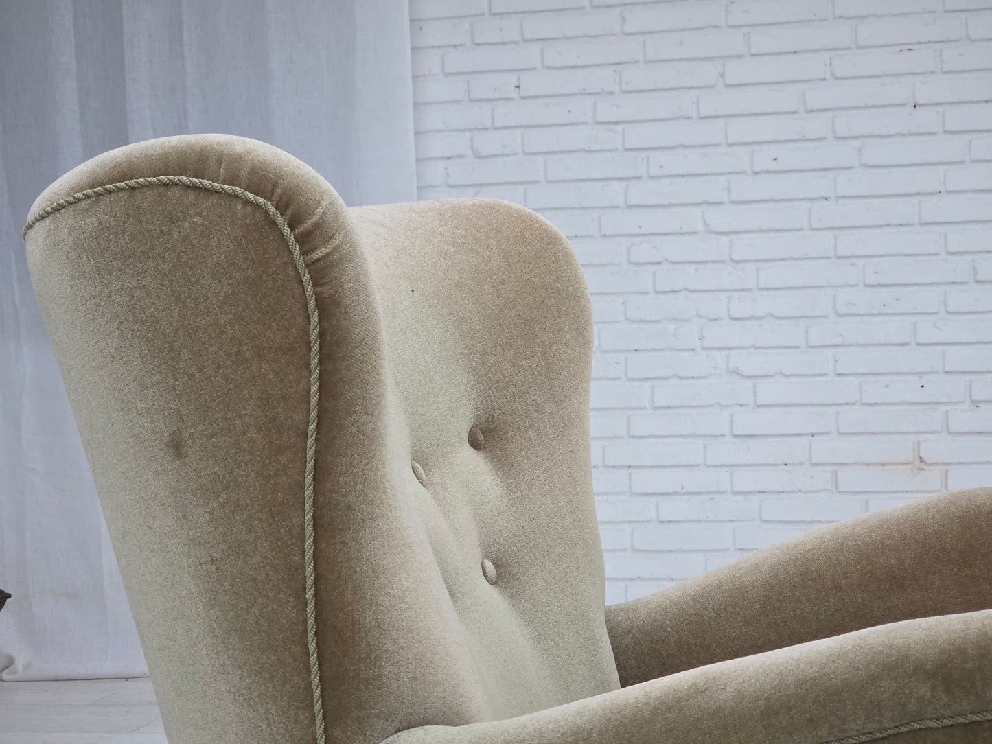 1960s, Danish armchair, green furniture velour, oak wood legs.