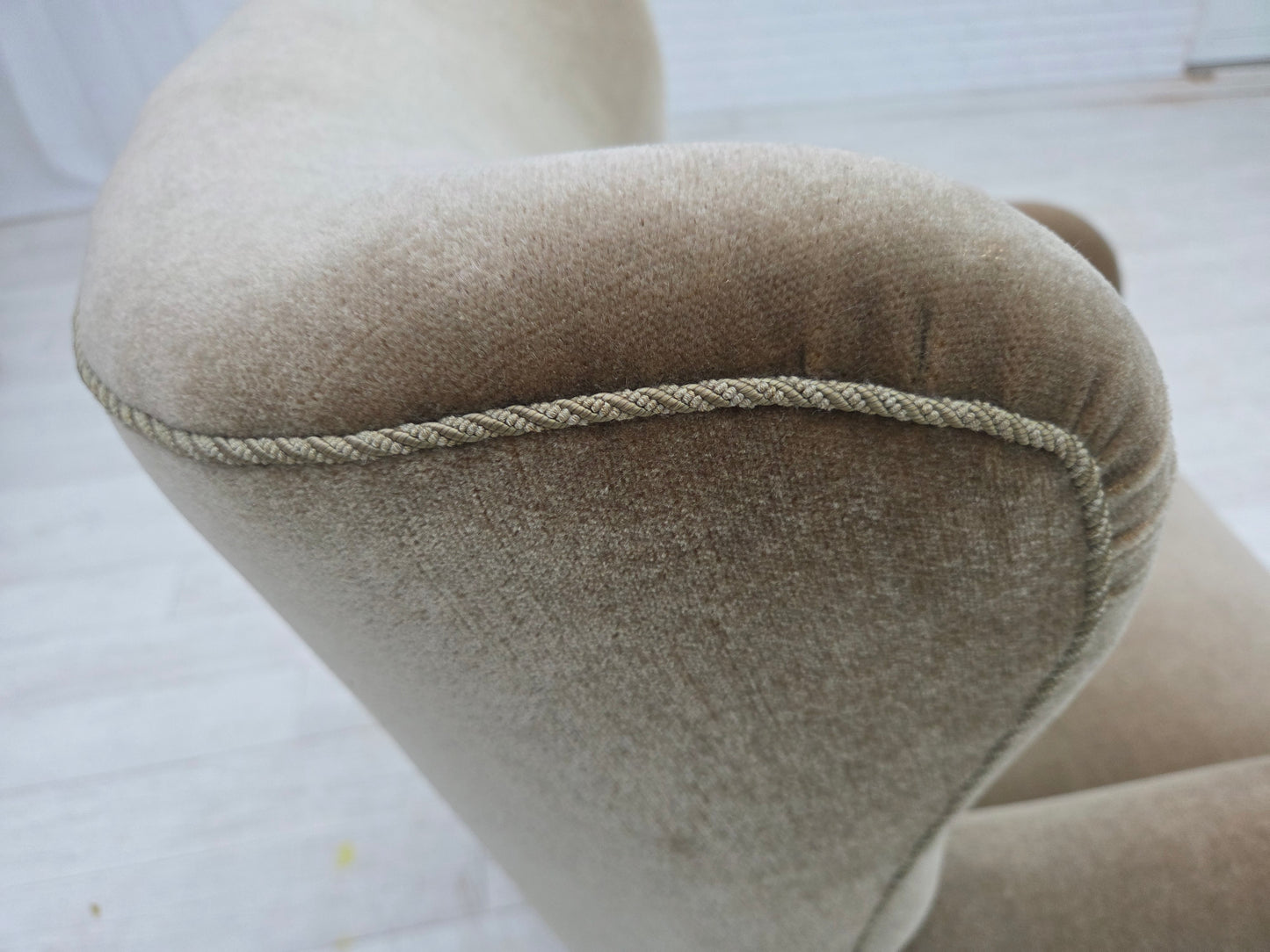 1960s, Danish armchair, green furniture velour, oak wood legs.