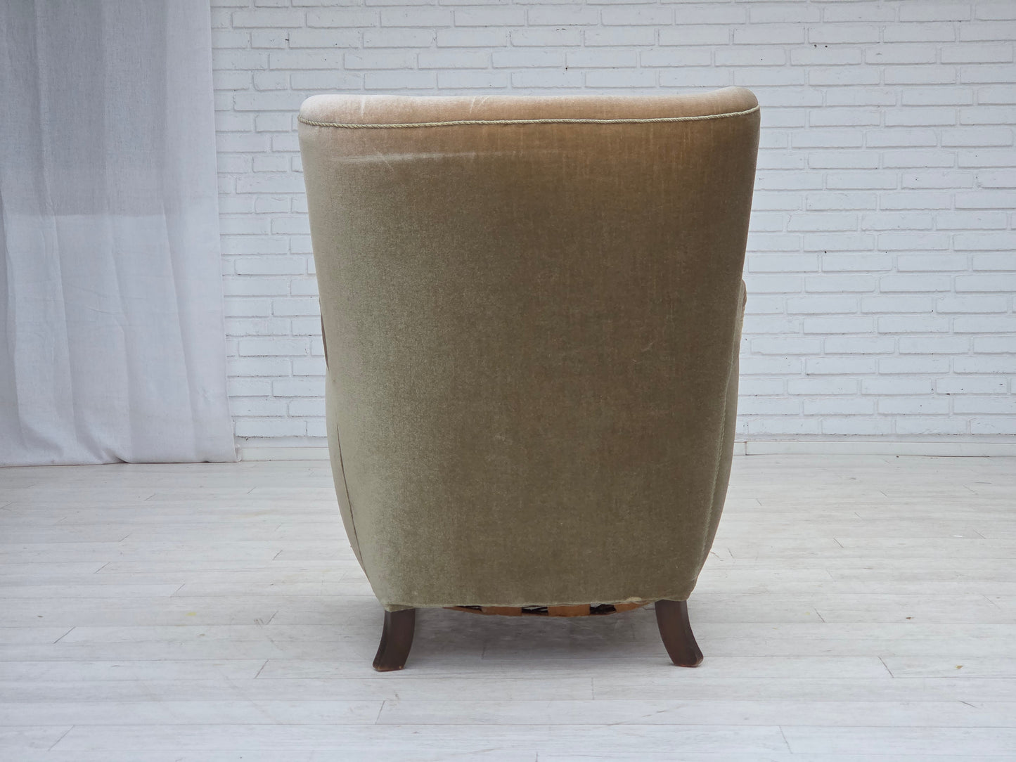 1960s, Danish armchair, green furniture velour, oak wood legs.