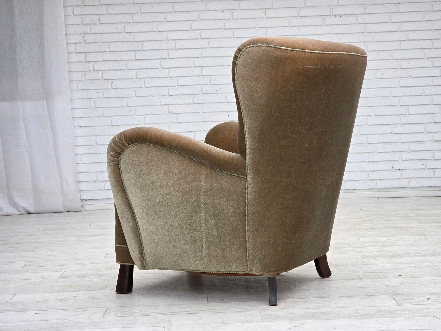 1960s, Danish armchair, green furniture velour, oak wood legs.