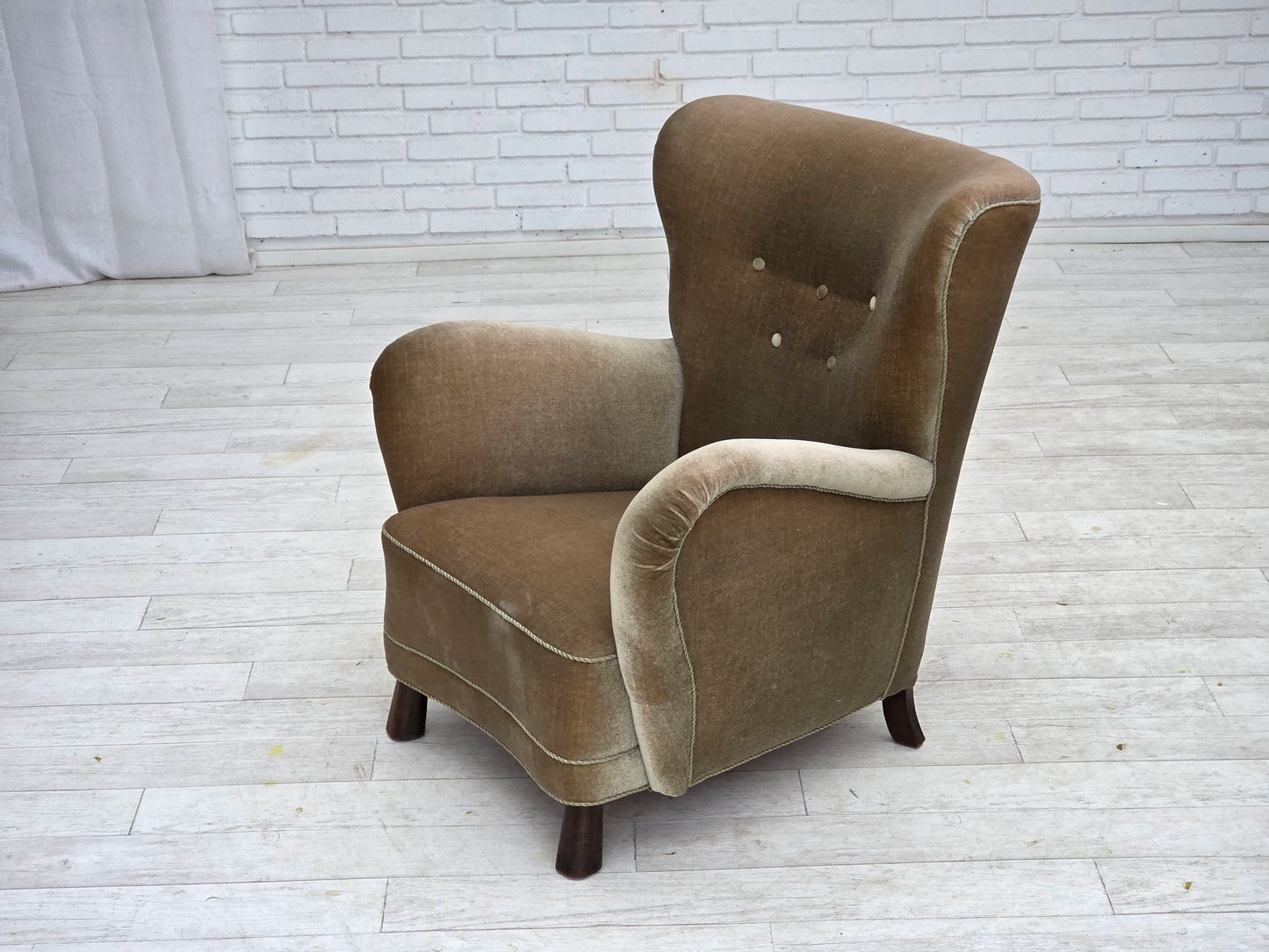 1960s, Danish armchair, green furniture velour, oak wood legs.
