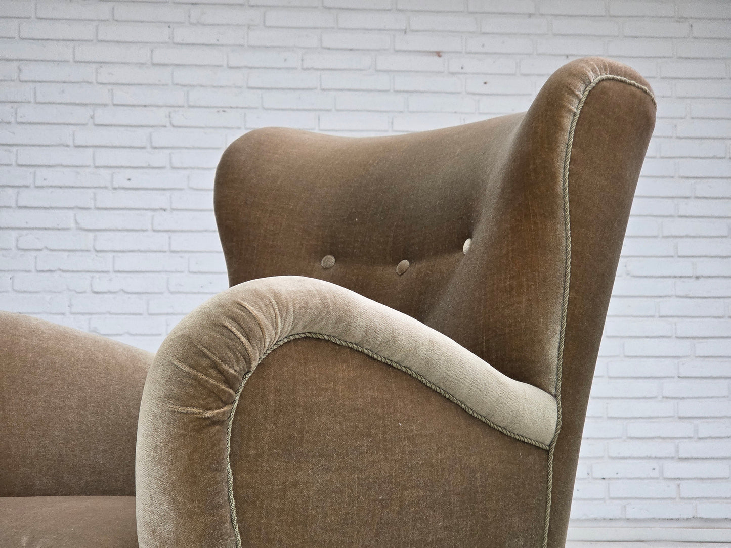 1960s, Danish armchair, green furniture velour, oak wood legs.