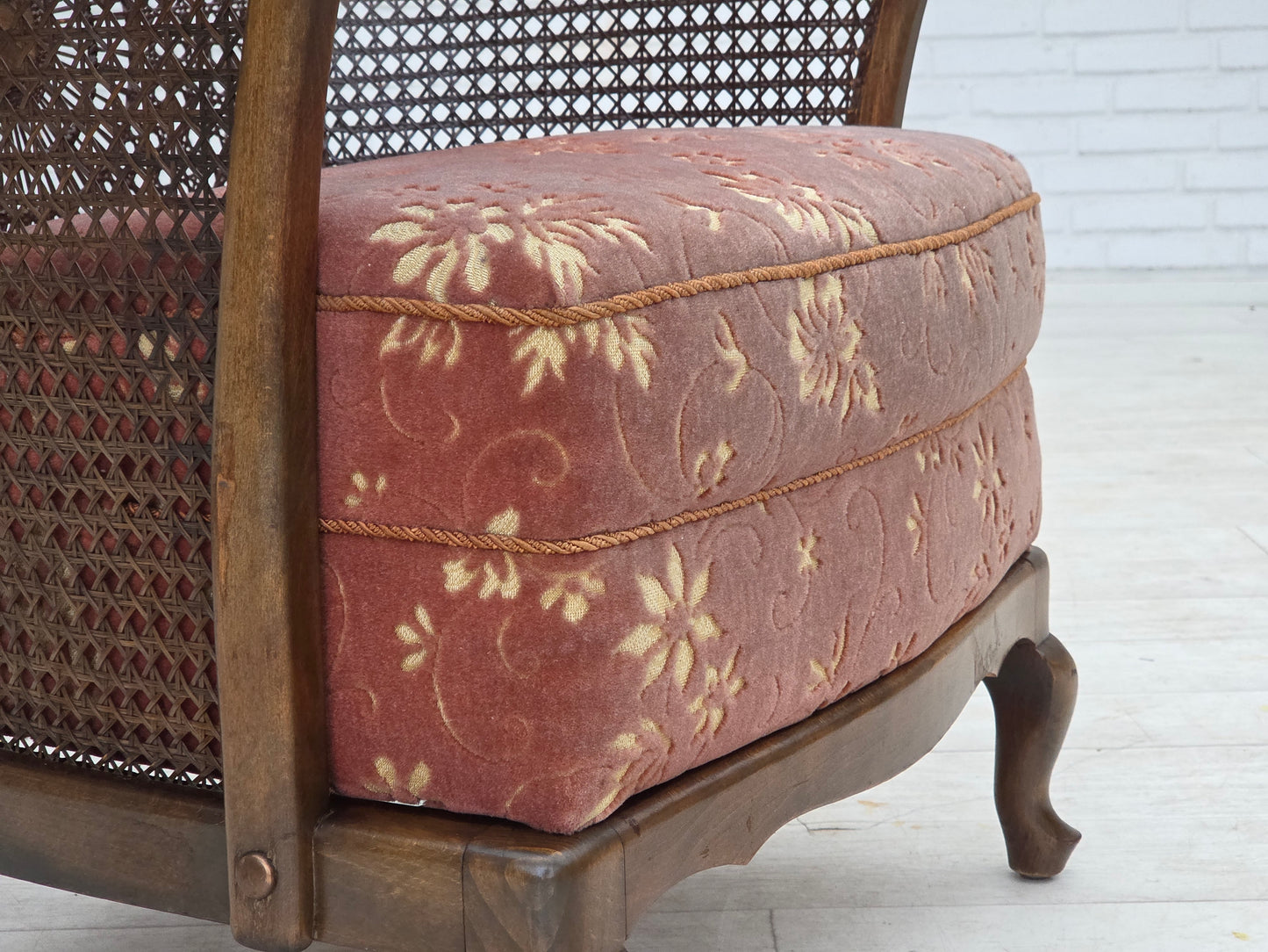 1950s, Danish armchair, salmon pink furniture velour, furniture mesh.
