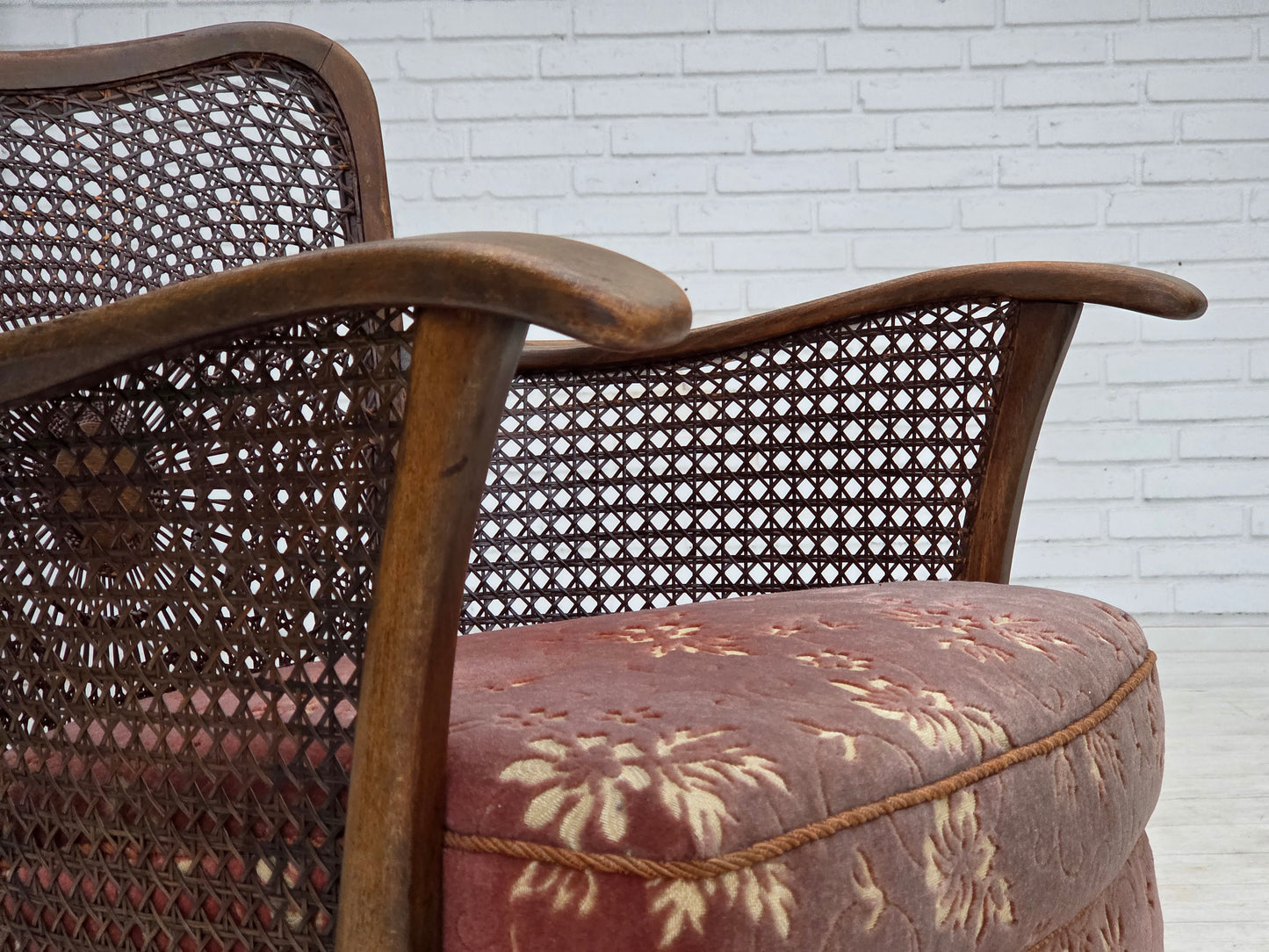 1950s, Danish armchair, salmon pink furniture velour, furniture mesh.