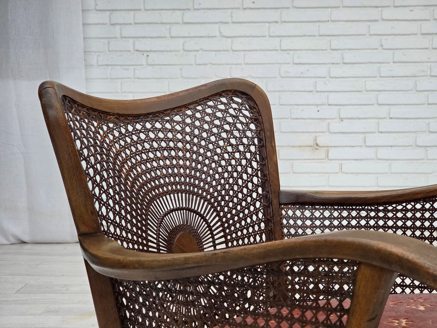 1950s, Danish armchair, salmon pink furniture velour, furniture mesh.