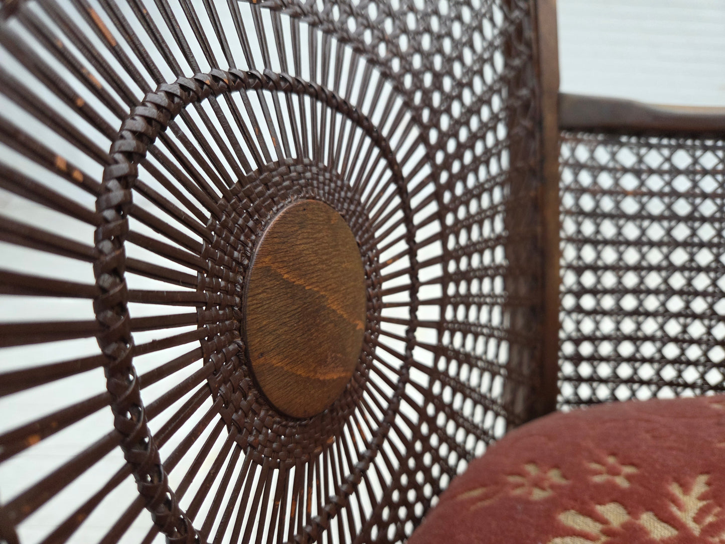 1950s, Danish armchair, salmon pink furniture velour, furniture mesh.