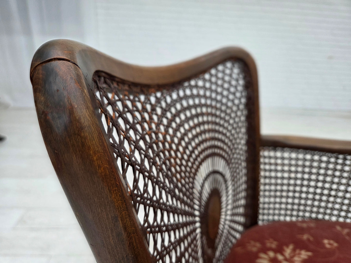 1950s, Danish armchair, salmon pink furniture velour, furniture mesh.
