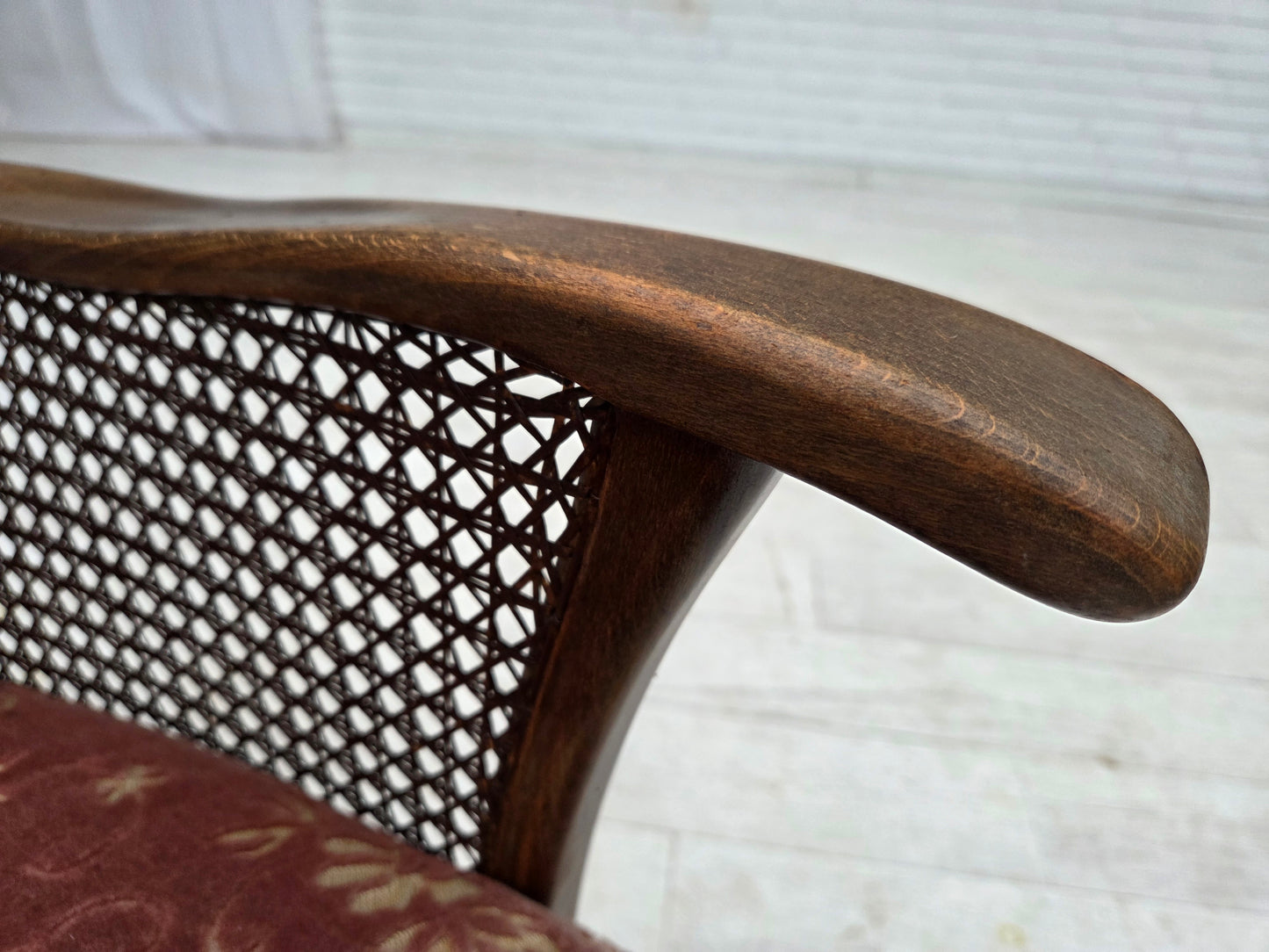 1950s, Danish armchair, salmon pink furniture velour, furniture mesh.