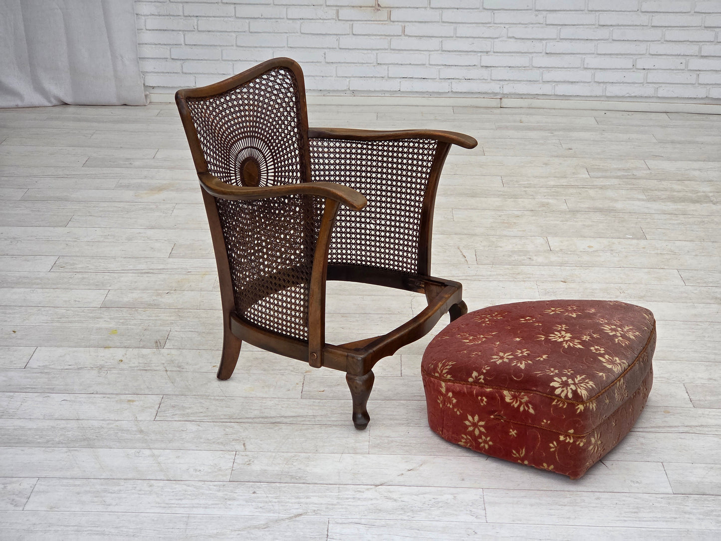 1950s, Danish armchair, salmon pink furniture velour, furniture mesh.
