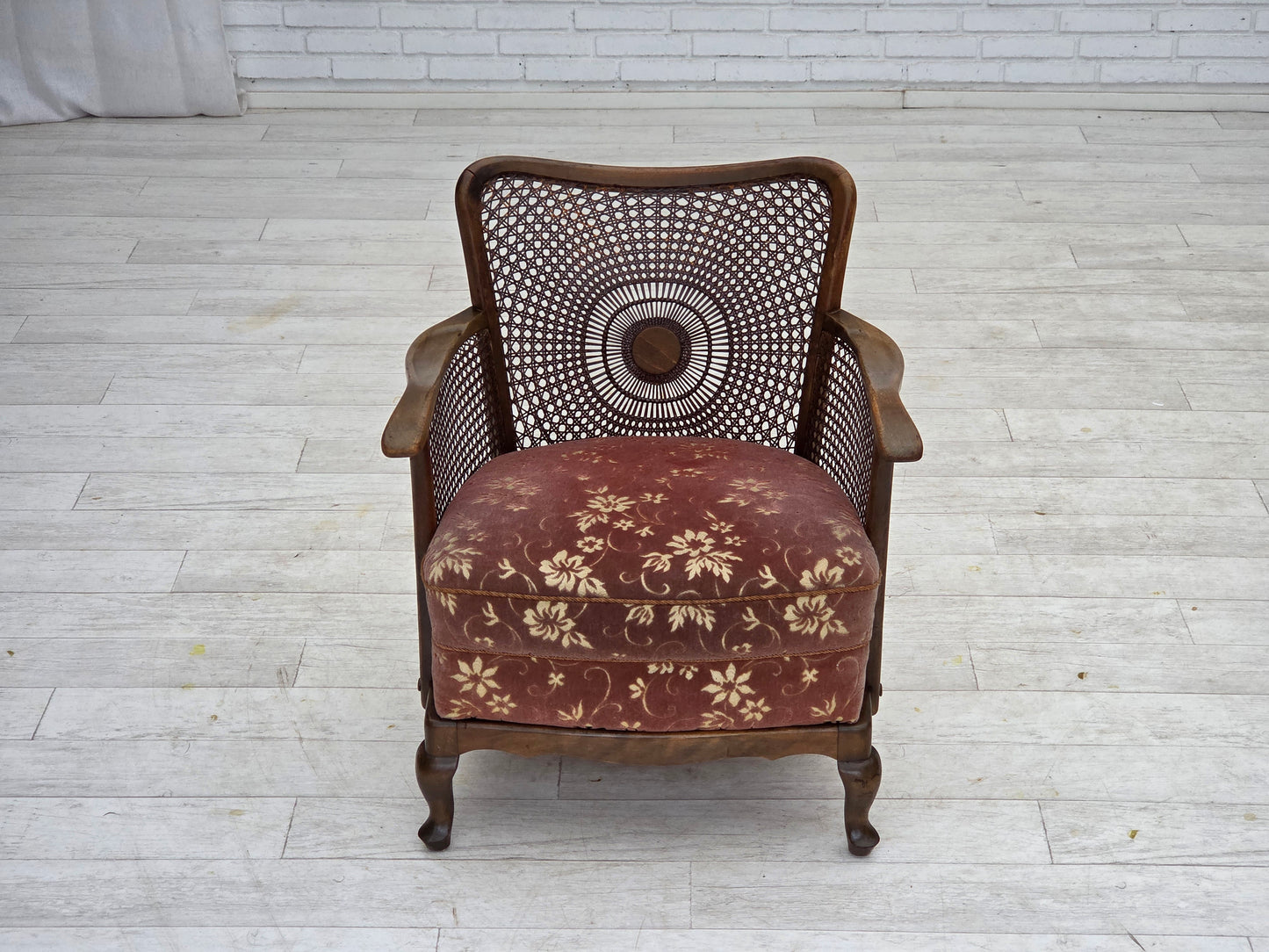 1950s, Danish armchair, salmon pink furniture velour, furniture mesh.
