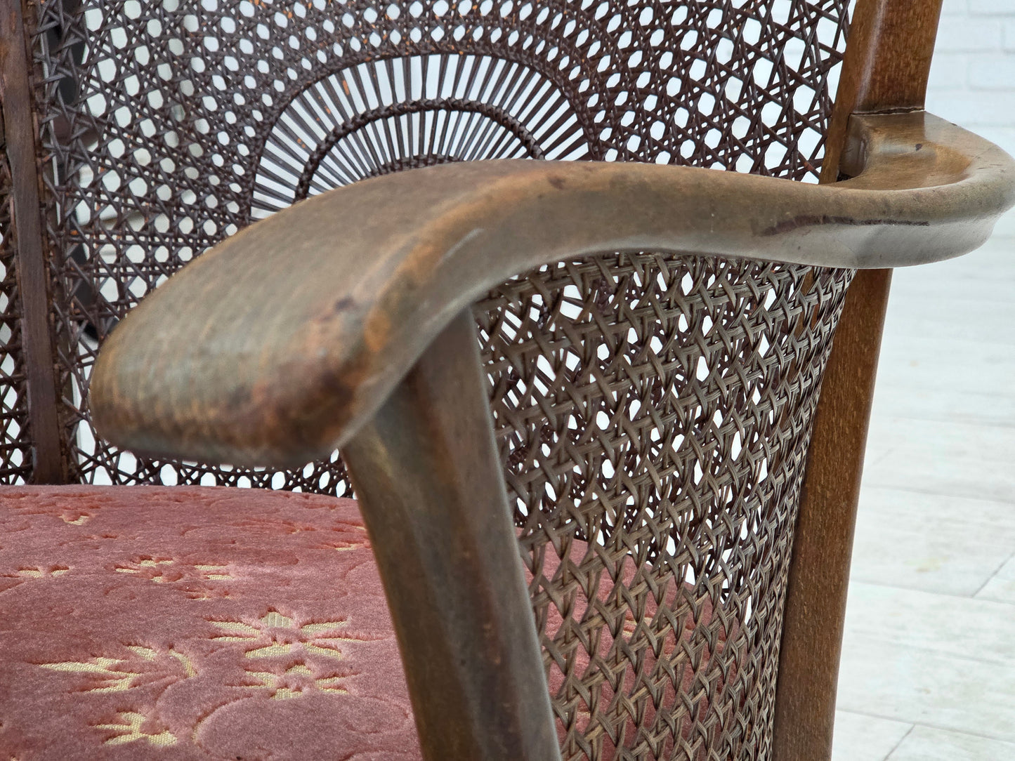1950s, Danish armchair, salmon pink furniture velour, furniture mesh.