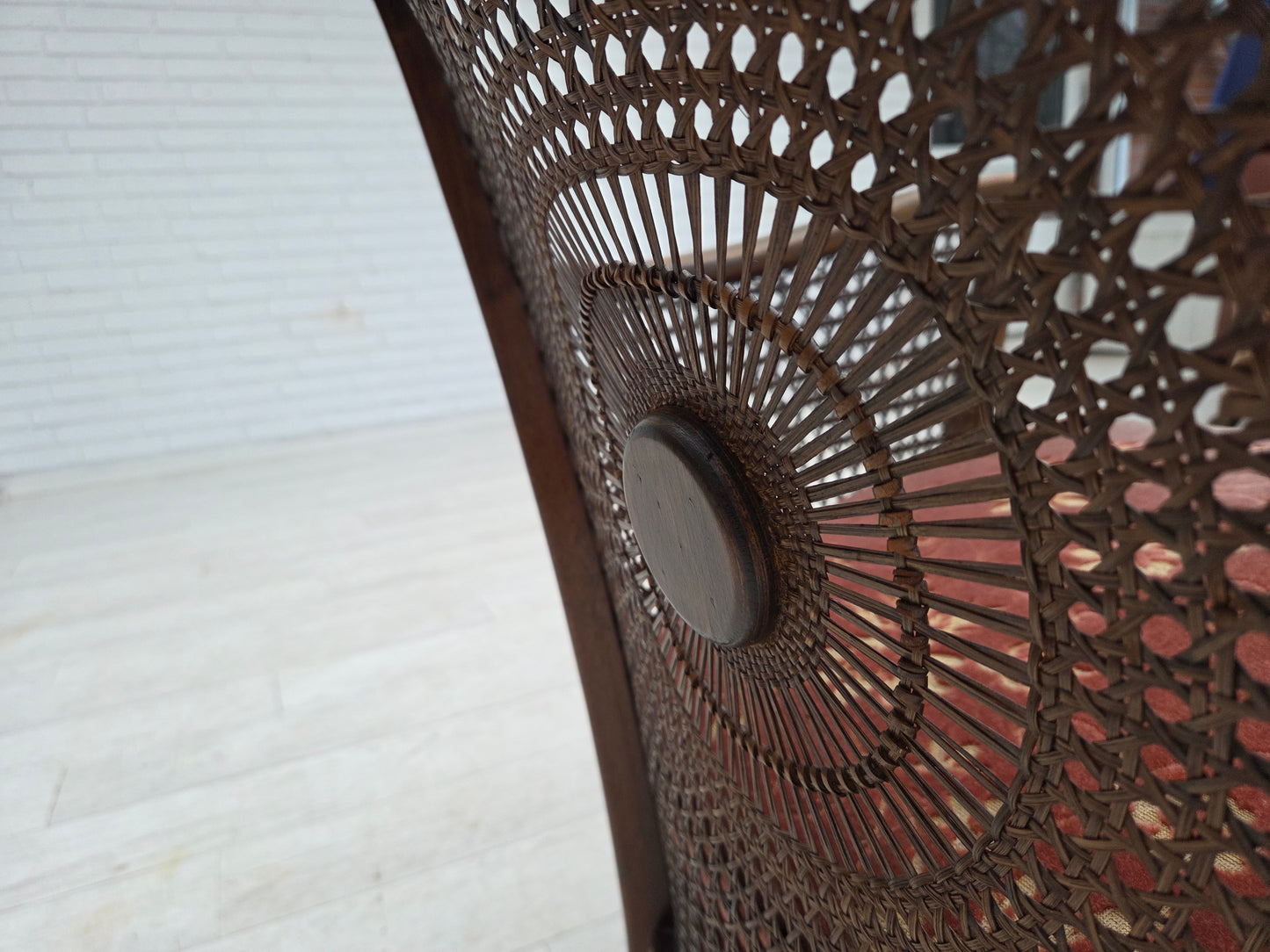 1950s, Danish armchair, salmon pink furniture velour, furniture mesh.