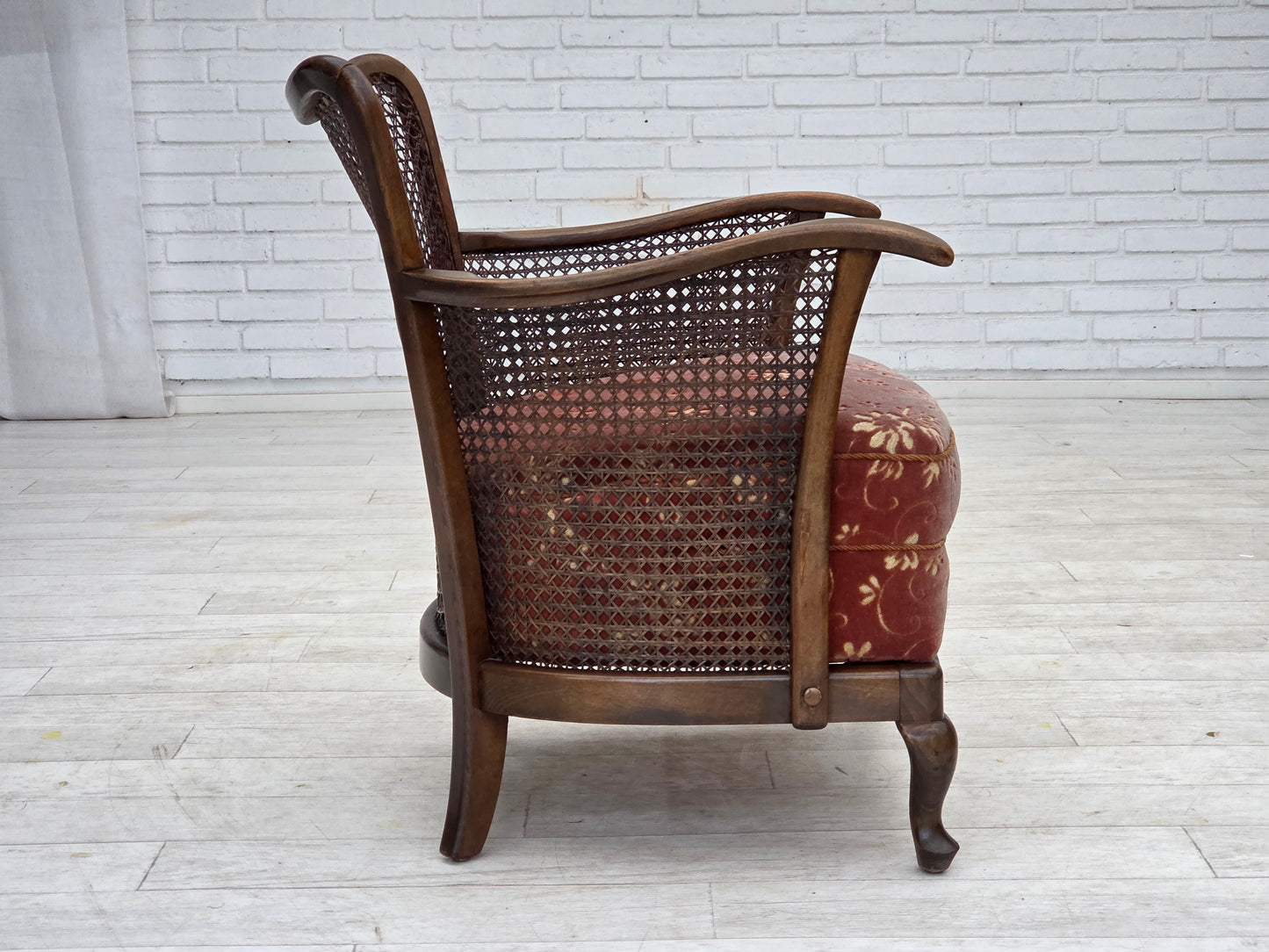 1950s, Danish armchair, salmon pink furniture velour, furniture mesh.
