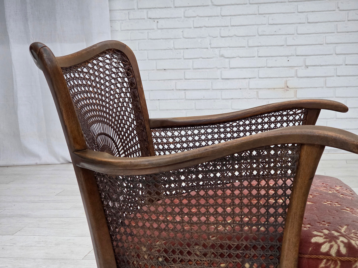 1950s, Danish armchair, salmon pink furniture velour, furniture mesh.