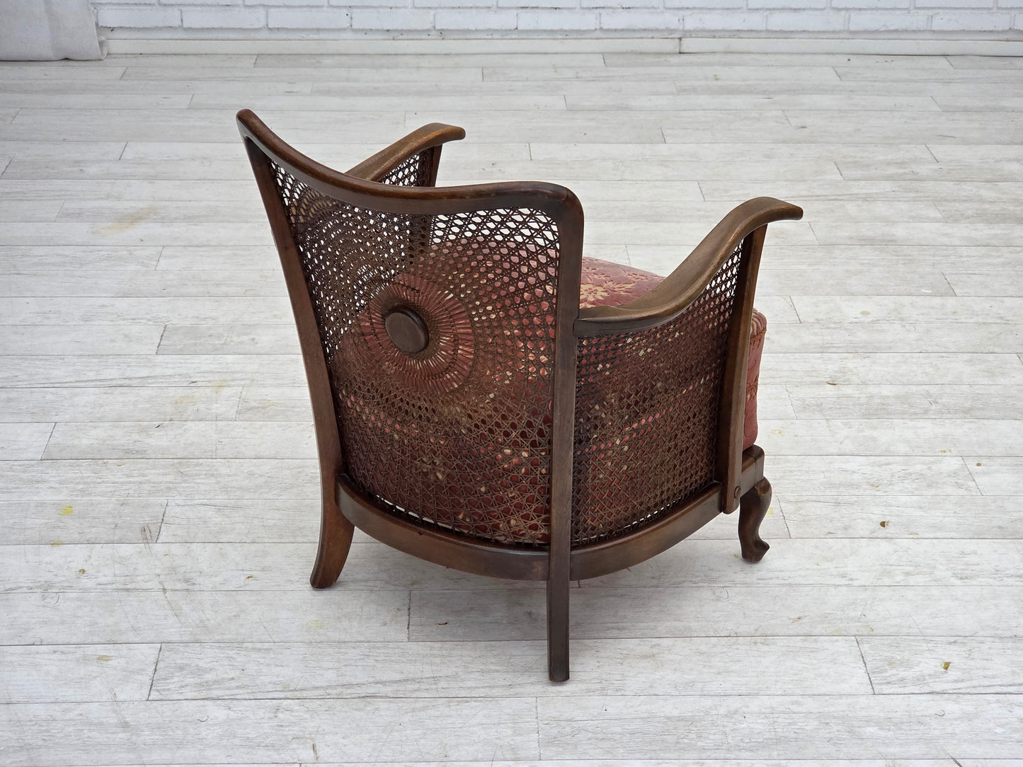 1950s, Danish armchair, salmon pink furniture velour, furniture mesh.