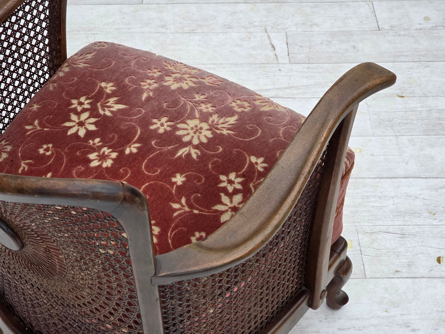 1950s, Danish armchair, salmon pink furniture velour, furniture mesh.