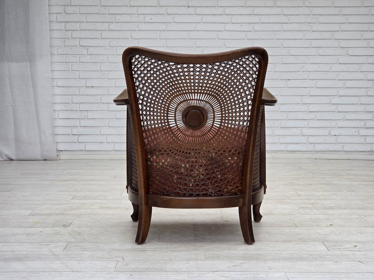 1950s, Danish armchair, salmon pink furniture velour, furniture mesh.