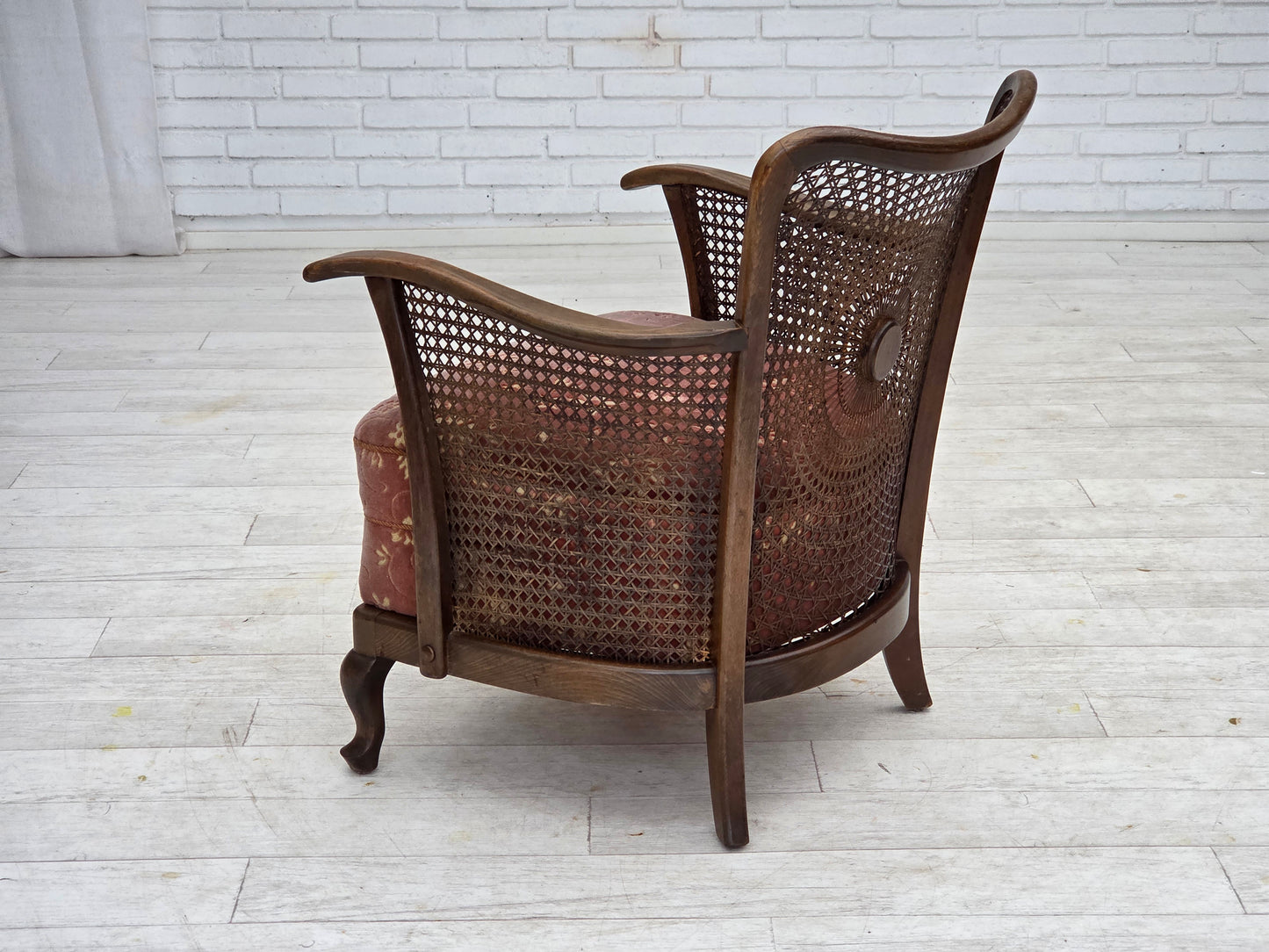 1950s, Danish armchair, salmon pink furniture velour, furniture mesh.