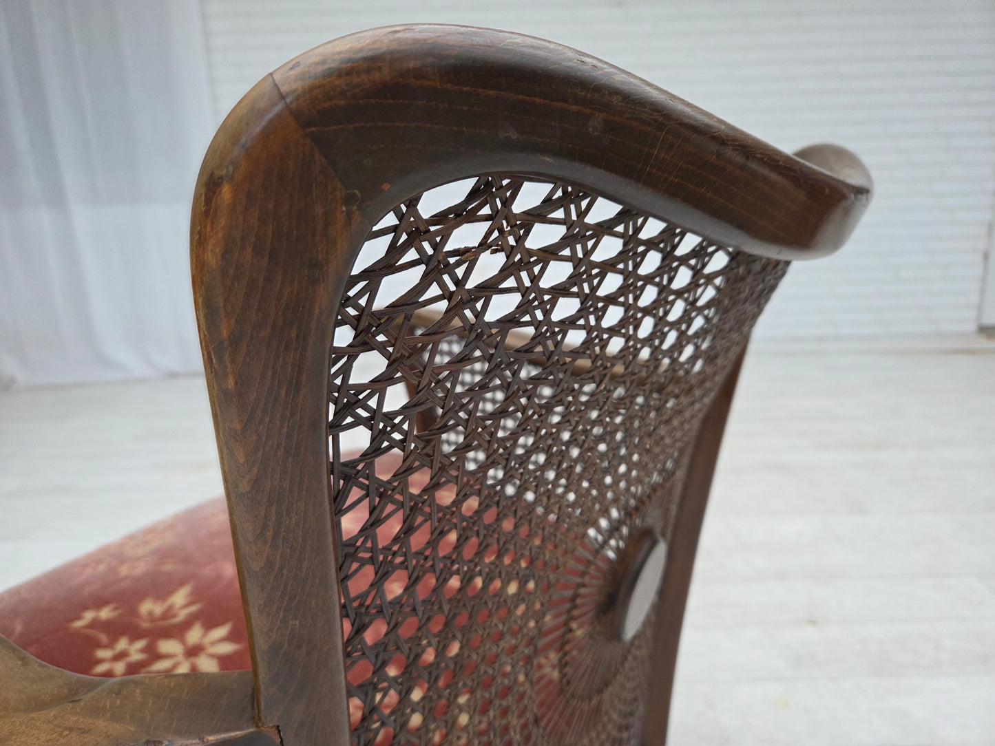 1950s, Danish armchair, salmon pink furniture velour, furniture mesh.