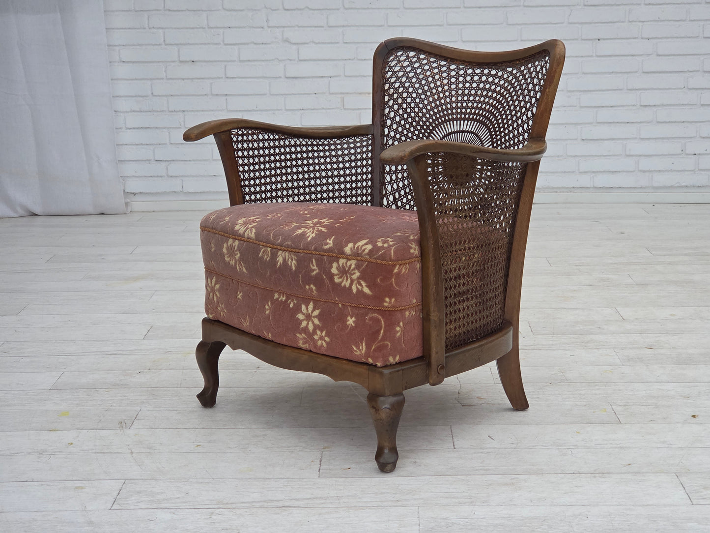 1950s, Danish armchair, salmon pink furniture velour, furniture mesh.