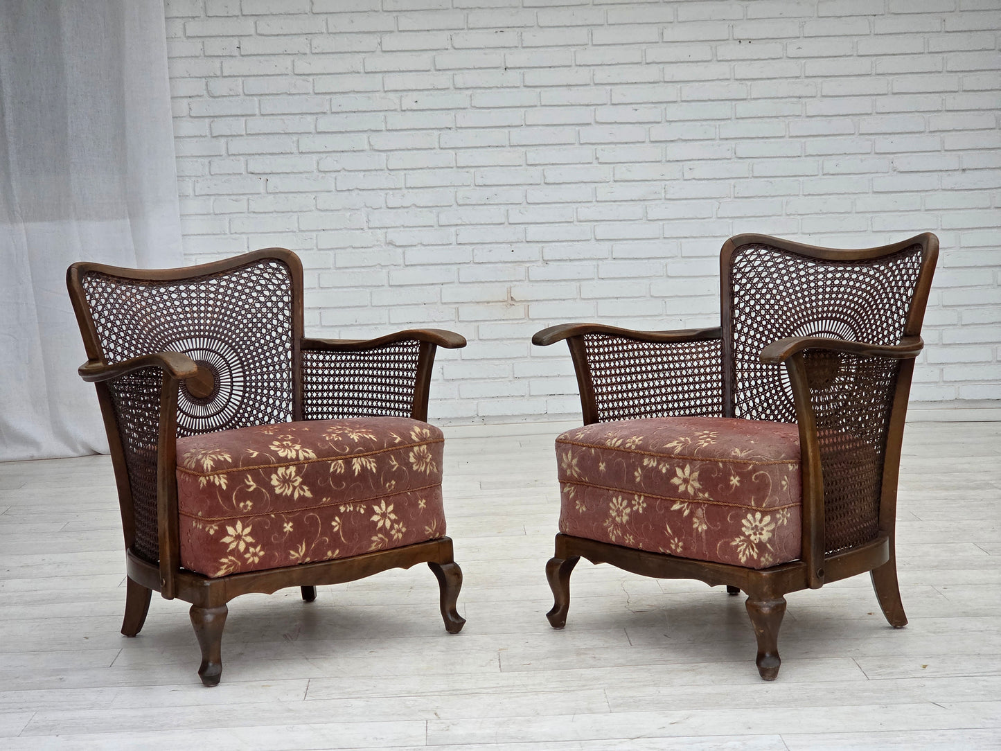 1950s, Danish armchair, salmon pink furniture velour, furniture mesh.