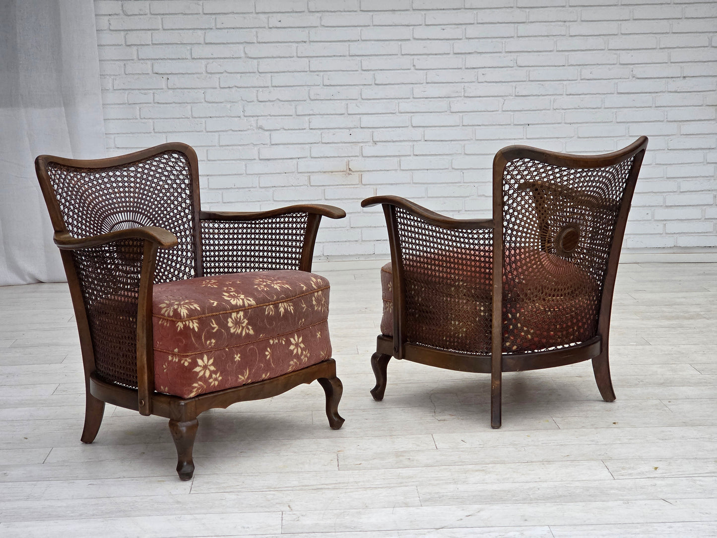 1950s, Danish armchair, salmon pink furniture velour, furniture mesh.