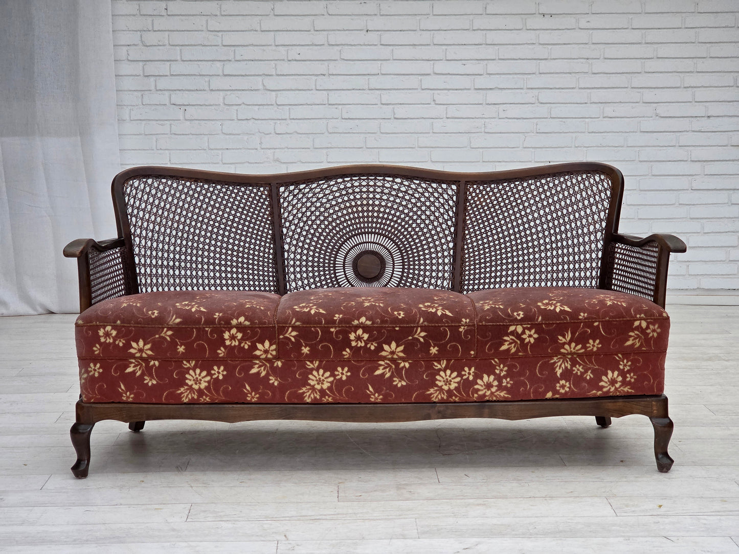 1950s, Danish 3-seater sofa, salmon pink velour, furniture mesh, dark beech wood.