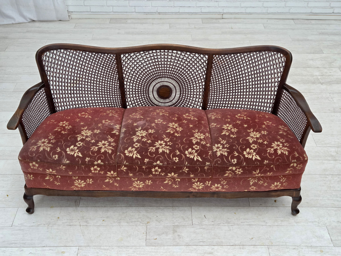 1950s, Danish 3-seater sofa, salmon pink velour, furniture mesh, dark beech wood.