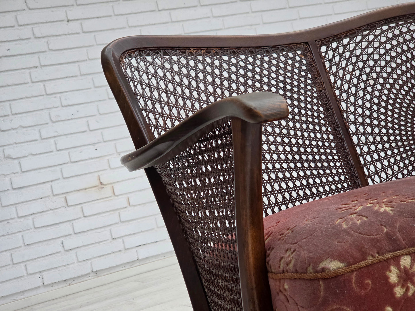 1950s, Danish 3-seater sofa, salmon pink velour, furniture mesh, dark beech wood.