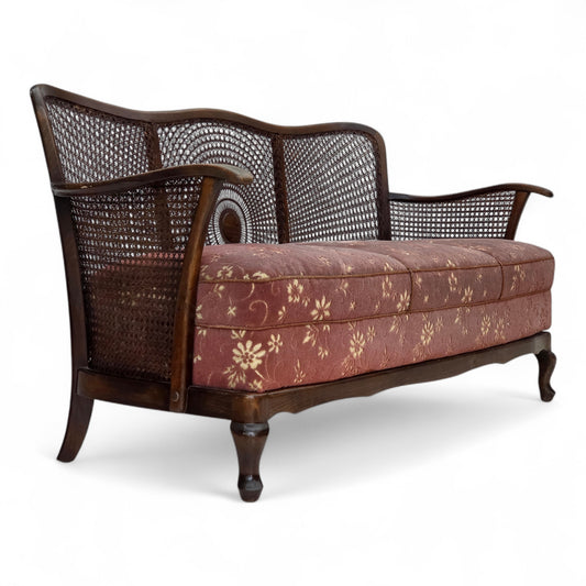 1950s, Danish 3-seater sofa, salmon pink velour, furniture mesh, dark beech wood.