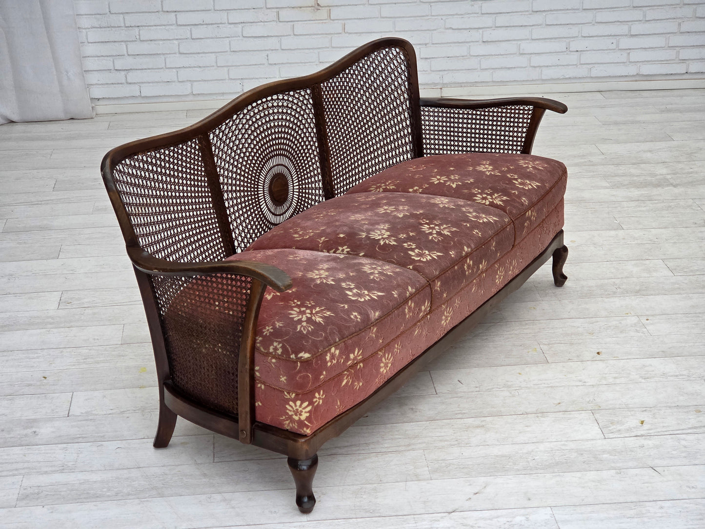 1950s, Danish 3-seater sofa, salmon pink velour, furniture mesh, dark beech wood.