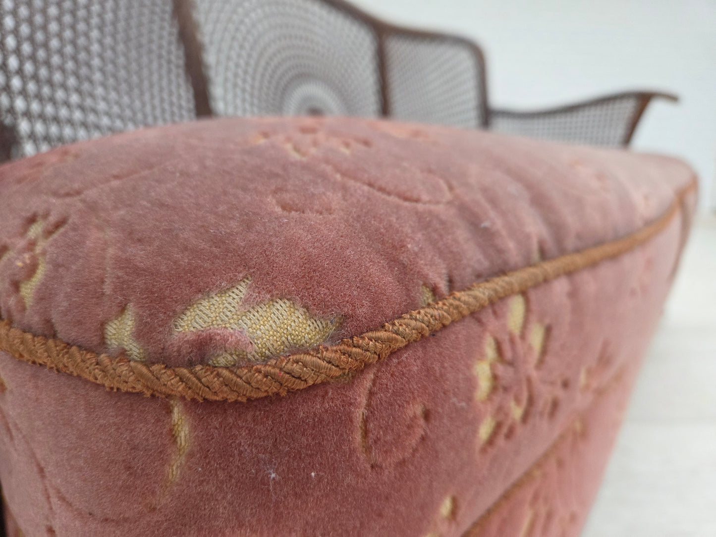1950s, Danish 3-seater sofa, salmon pink velour, furniture mesh, dark beech wood.