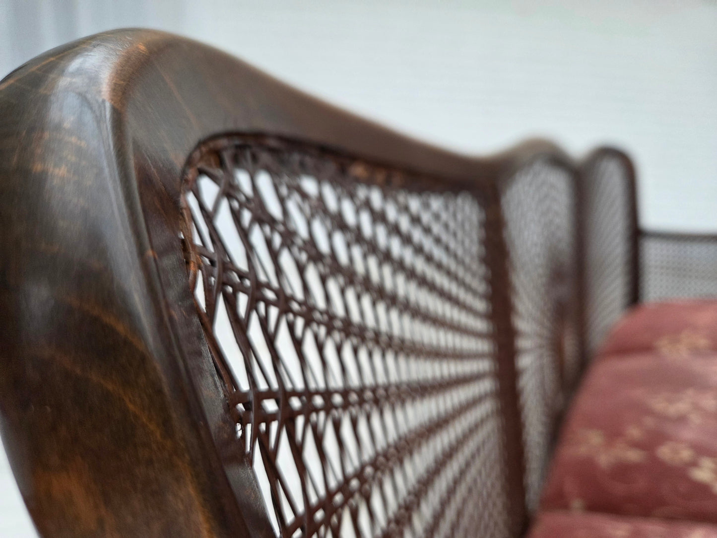 1950s, Danish 3-seater sofa, salmon pink velour, furniture mesh, dark beech wood.