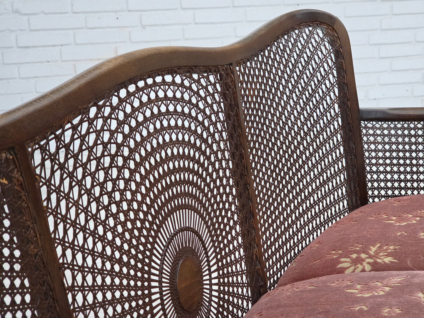 1950s, Danish 3-seater sofa, salmon pink velour, furniture mesh, dark beech wood.