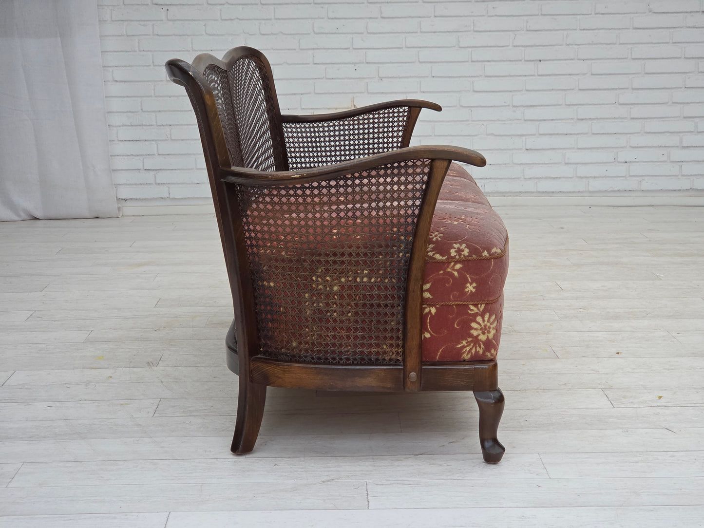 1950s, Danish 3-seater sofa, salmon pink velour, furniture mesh, dark beech wood.